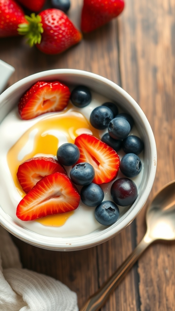 A bowl of homemade yogurt with berries and honey on a wooden table.